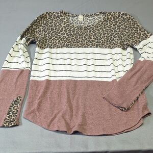 7th Ray Leopard and Striped Long Sleeve Top - Brown, White, Pink